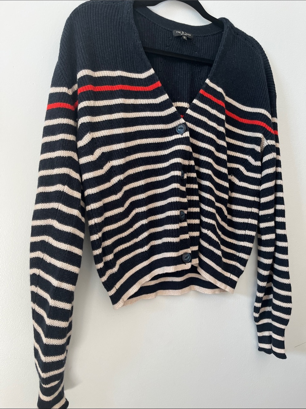 Rag & Bone Ann striped cardigan navy blue white red stripes Americana sweater - Picture 3 of 11